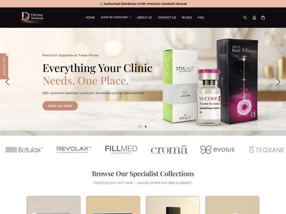 DermaWholesale Shopify homepage design, full-page screenshot