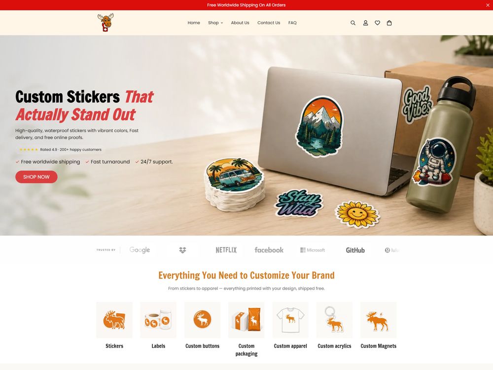 Stickermoose Shopify homepage design, full-page screenshot